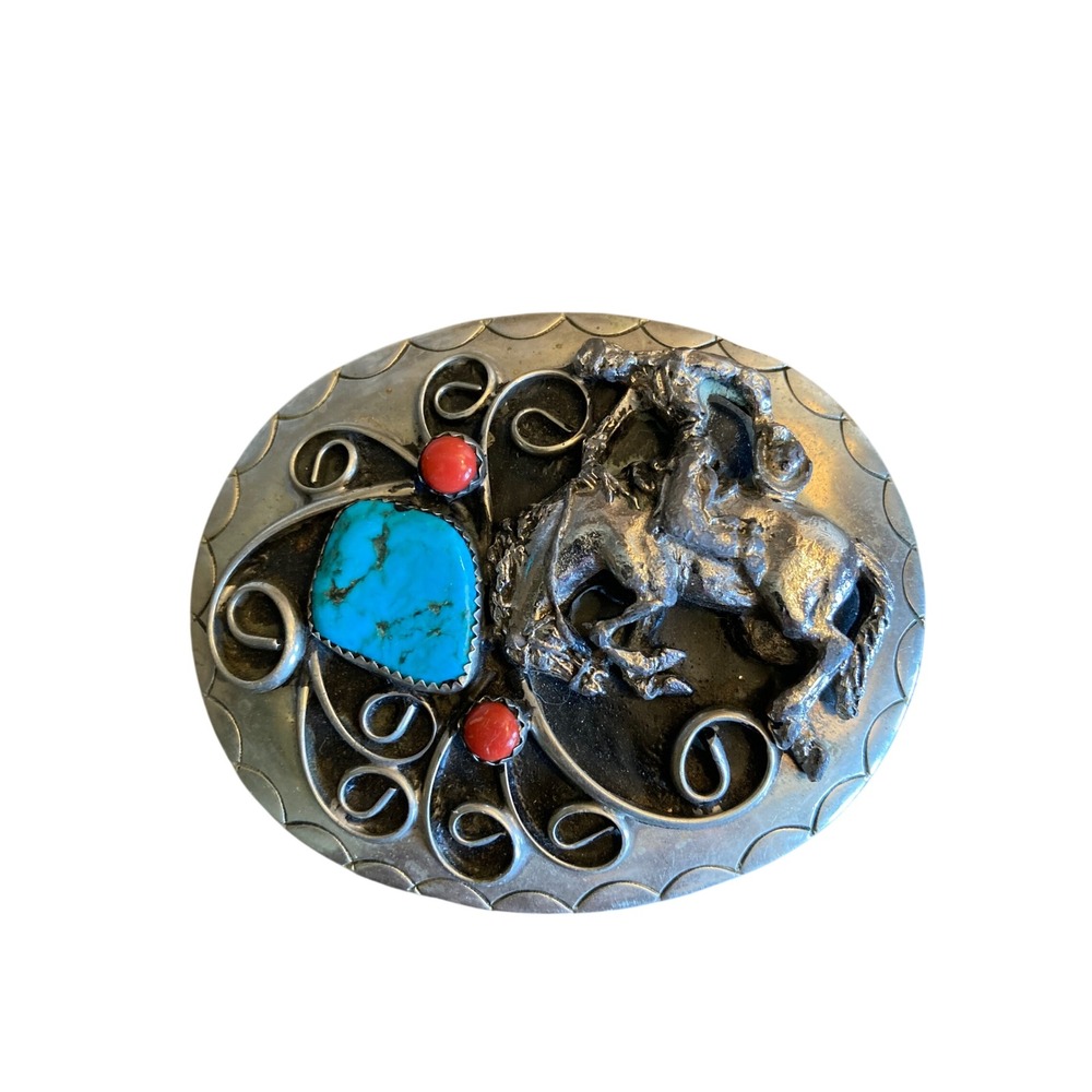 Vintage Western Belt Buckle Rearing Horse Turquoise Coral Silver Tone Oval 3in